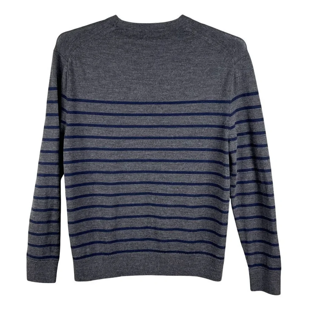Banana Republic Mens L 100% Merino Wool Gray Navy Striped Sweater Quiet Luxury